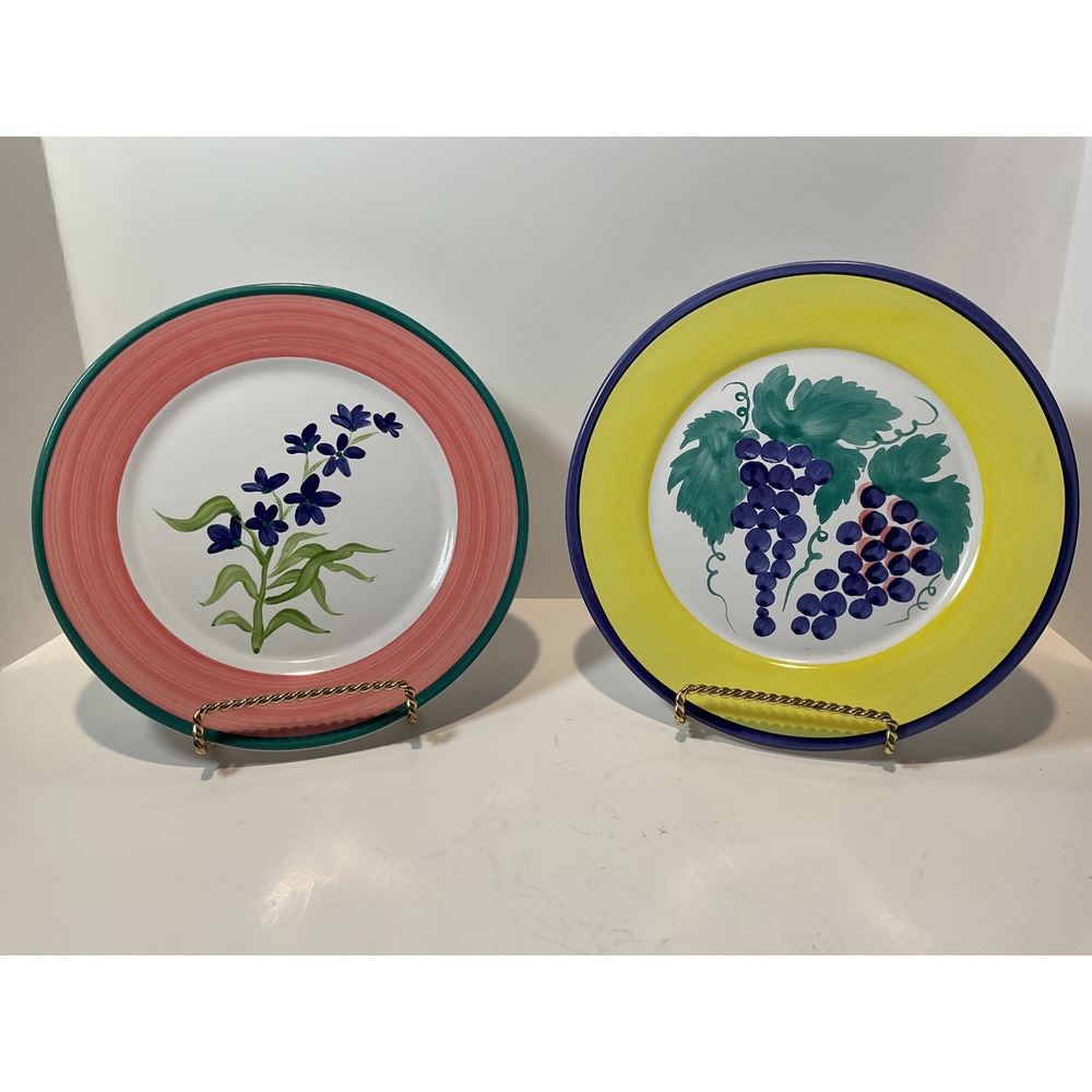 Portugal Hand Painted Ceramic Plates Set of 2 Floral Grapes